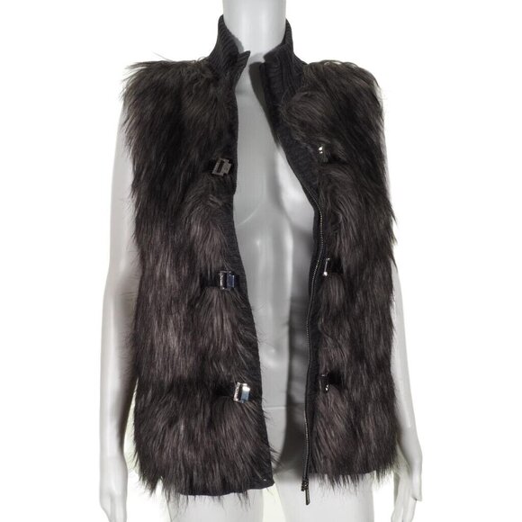 Calvin Klein Vest Faux Fur Size XS Womens Sweater Metal Closures Gray Mock Tunic - Picture 9 of 11